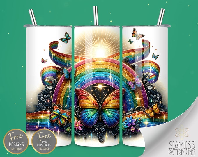 Watercolor Rainbow Butterfly Tumbler Wrap, 20 oz Skinny Sublimation Wrap, Vibrant Glitter Wrap, Straight Template, Instant Download PNG