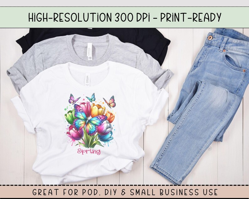May include: White t-shirt with a colorful butterfly and flower design. The design features a bouquet of tulips with butterflies and the word "Spring" printed below.