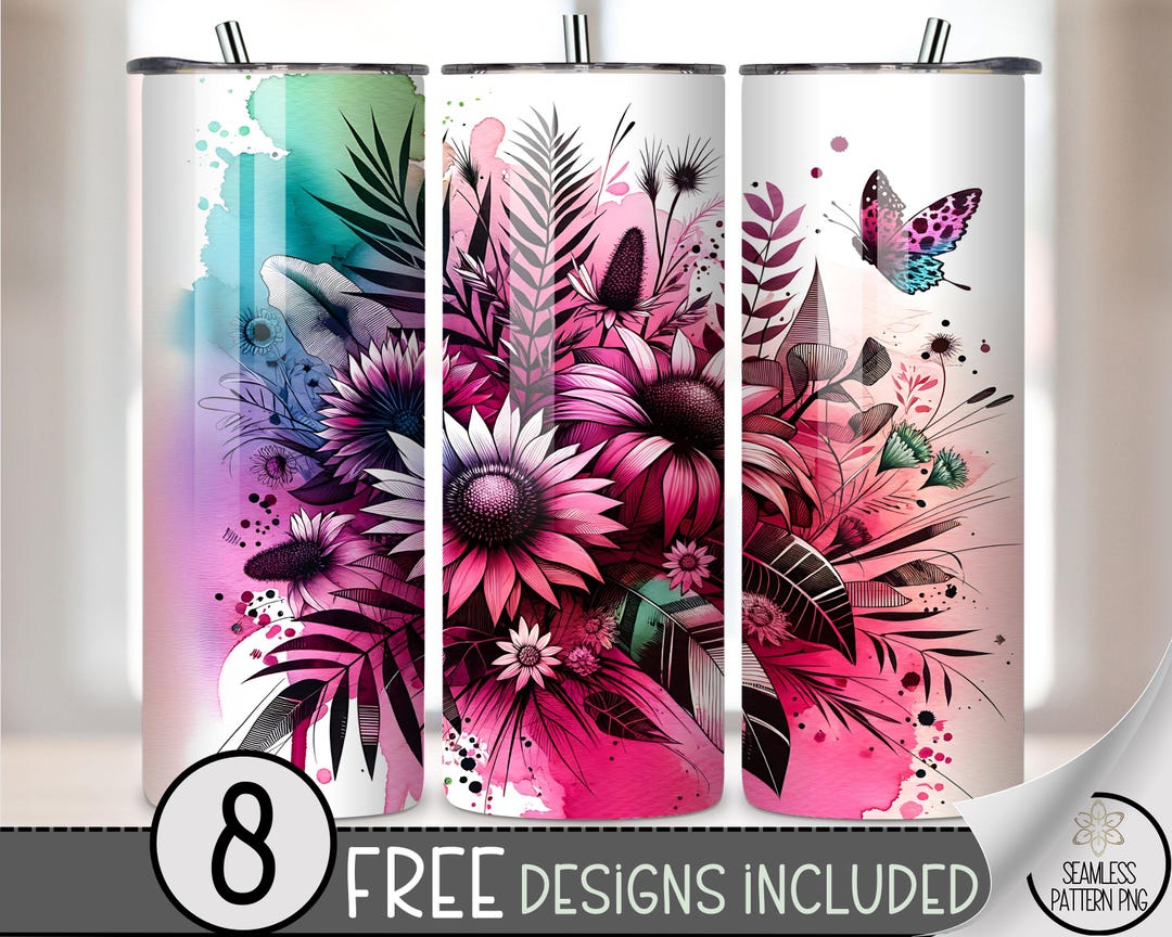 Watercolor Floral Tumbler Wrap PNG, Seamless Butterflies 20 Oz ...