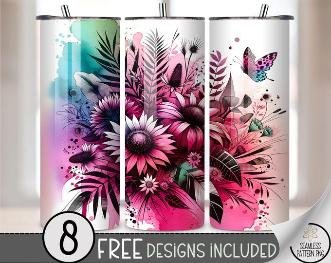 Watercolor Floral Tumbler Wrap PNG, Seamless Butterflies 20 oz Sublimation Wrap,Pink Teal Daisy Art, 20oz Flower Skinny Tumbler Design, A347