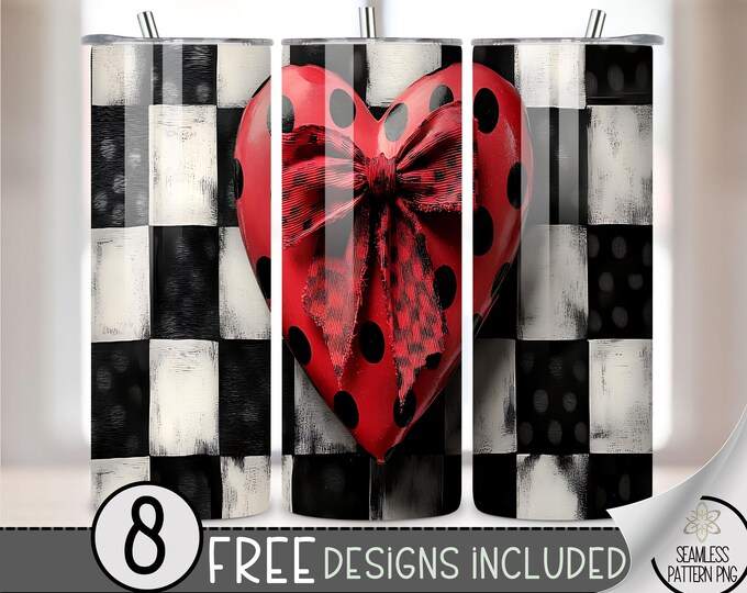 Checkered Heart Tumbler Wrap, Valentine's Day 20oz Skinny Tumbler Sublimation Design, Punk Heart Tumbler Wrap File PNG, Coquette Bow Design