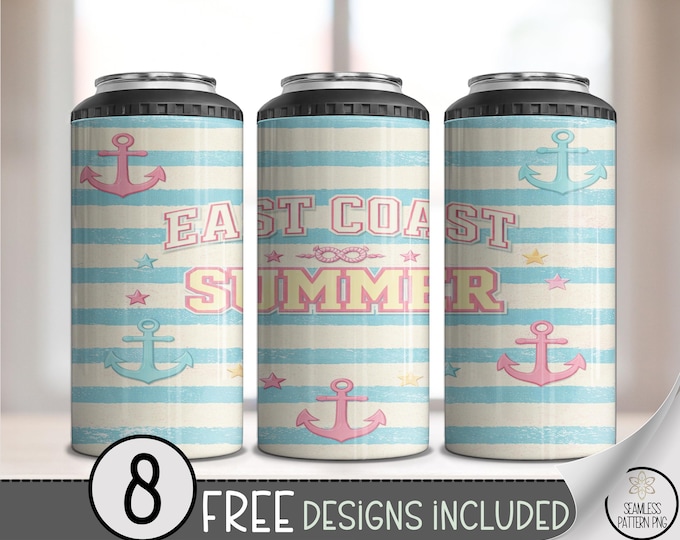 Nautical Summer 4-in-1 Can Cooler Wrap, Coastal Sublimation Design, Beachy 16 oz 4-in-1 File, B10217
