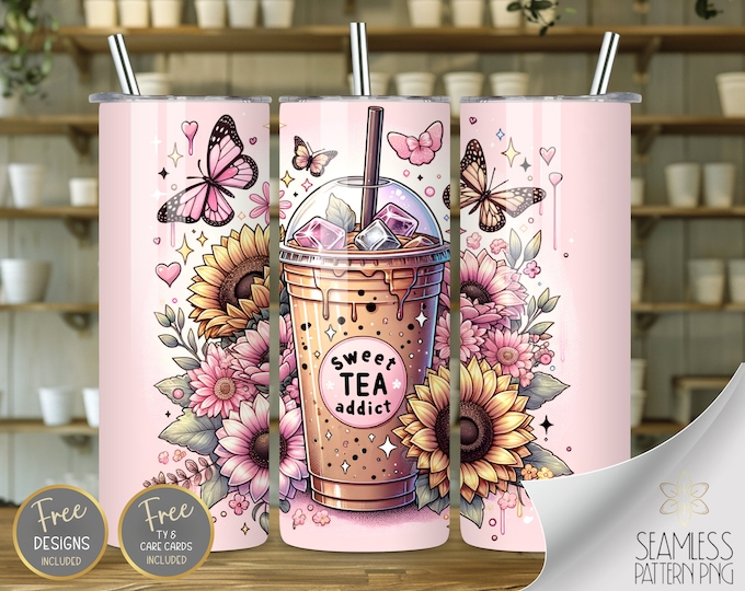 Sweet Tea PNG 20 oz Straight Tumbler Wrap Sublimation, Sunflowers Skinny Tumbler Design Files, Butterflies Digital Image Instant Download