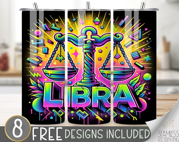 Neon Zodiac Tumbler Wrap, Libra 20 Oz Skinny Tumbler Sublimation Design Astrology Sign, Zodiac Signs Tumbler PNG, Airbrush Astrology Tumbler