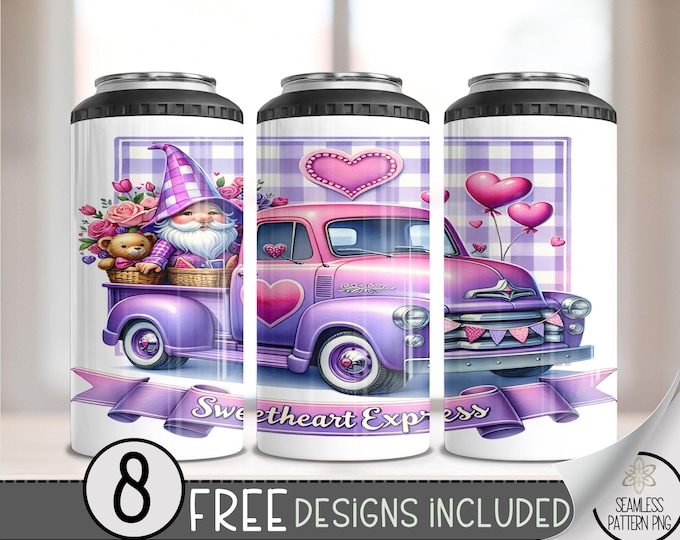 Vintage Truck 4 in 1 Can Cooler Wrap, Purple Gnome 4in1 Tumbler PNG, Valentine's Day 16 Oz Can Cooler Sublimation Design, Vday Download File