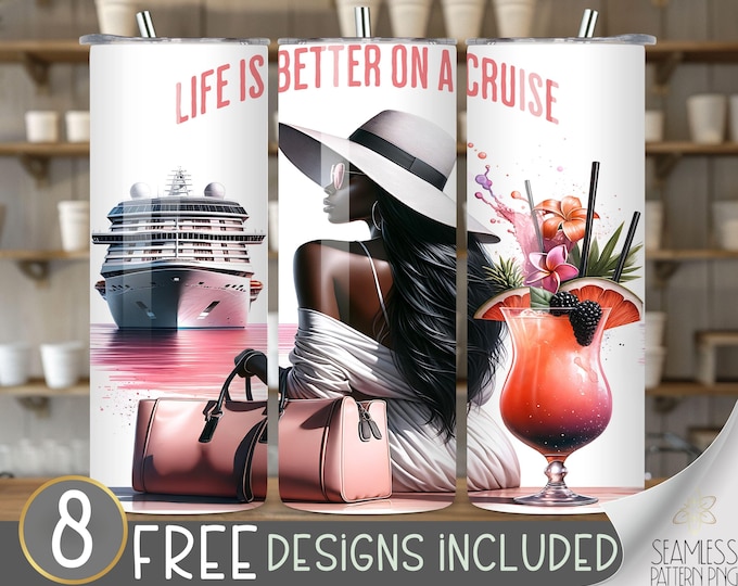 Cruise Ship Tumbler Wrap, Cruise and Cocktail 20oz Skinny Sublimation, Cruise Tumbler Design, Black Girl Cruise Sublimation Design