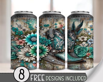 Cowgirl Boots 4 in 1 Can Cooler Wrap, Glitter Western 4in1 Tumbler PNG, Cowboy Boots 16 Oz Can Cooler Sublimation Design,Floral Country A201