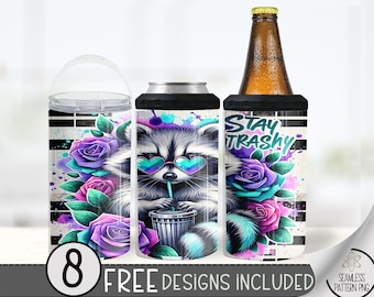 Stay Trashy Raccoon Can Cooler Wrap, Sassy Sarcastic Raccoon Saying 16 oz 4-in-1 Cooler Sublimation, Trendy Coffee 16Oz Tumbler Design File