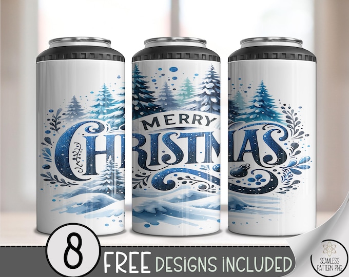 Festive 4in1 Can Cooler Wrap, Merry Christmas Snowy Trees Sublimation Design, Blue Swirling Snowflakes Wrap A537
