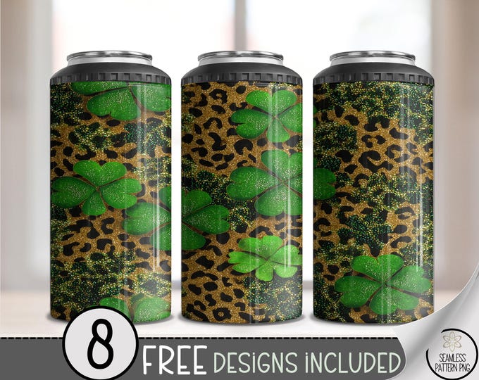 Glitter Clover PNG St. Patrick's Day 4-in-1 Can Cooler Wrap, Shamrock Sublimation Design, Leopard Pattern, B872