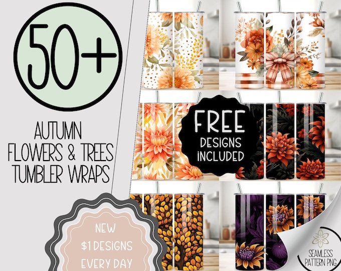 Autumn Tumbler Wrap Bundle, Floral 20 Oz Skinny Tumbler, Fall Tumbler Wrap, Tree Tumbler Wrap, Nature Tumbler Wrap Pack, Back To School Bulk