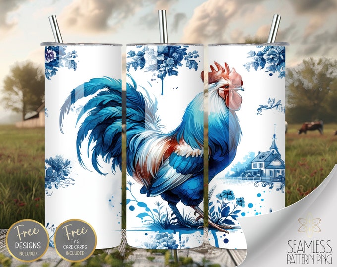 Chicken 20 oz Straight Tumbler Wrap Sublimation, Blue Toile Farm Skinny Tumbler Vintage Floral Design Files, French Blue Instant Download