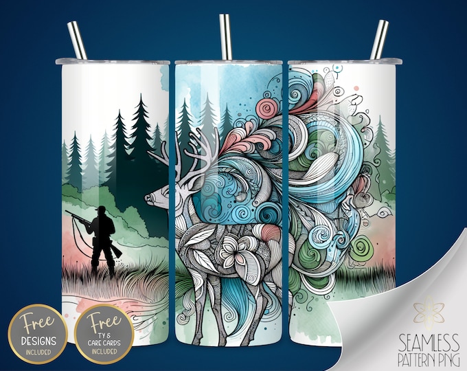 Deer Zentangle Tumbler Wrap, 20 Oz Skinny Sublimation Tumbler Design, Watercolor Buck Deer Seamless Design, Hunting Instant Download