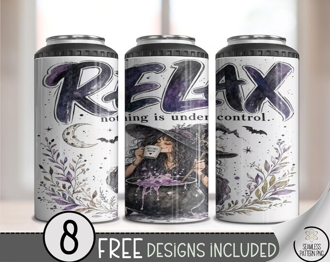 Relaxing Witch Cauldron 4in1 Can Cooler Wrap, Halloween Sublimation Design, Digital Download, B10432