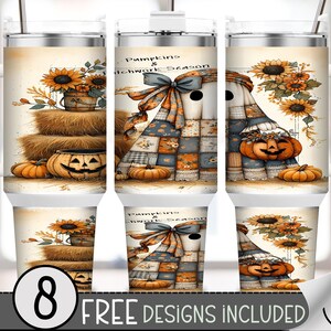 May include: White insulated tumblers with fall-themed designs. The designs include sunflowers, pumpkins, hay bales, and a ghost in a patchwork quilt. The text "Pumpkins & Witchwork Season" is visible. The image also includes the text "8 FREE DESIGNS INCLUDED".