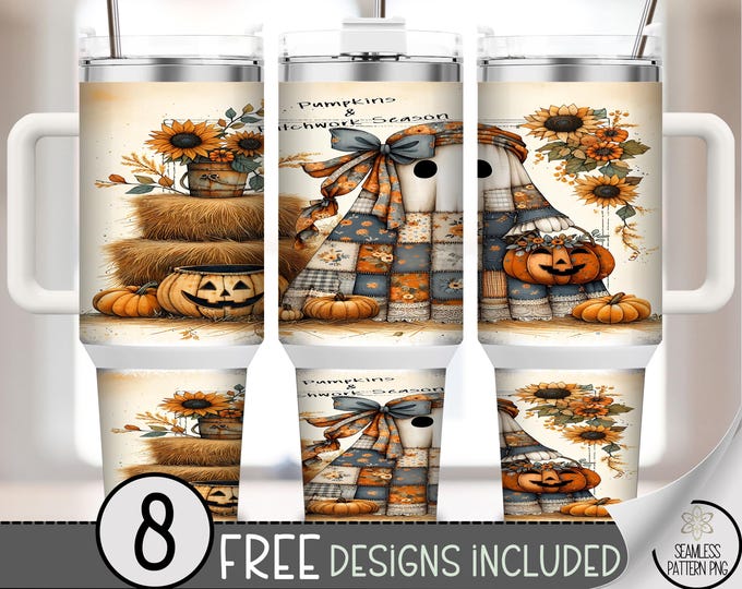 Rustic Fall Farmhouse 40 oz Printable Tumbler Wrap, Pumpkin Patch, Plaid Ghost, Sunflower Harvest, Autumn Wrap, Halloween Design A422