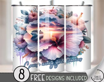 Cruise Away Your Worries 20 oz Tumbler Wrap PNG, Tropical Cruise Ship with Hibiscus Sunset Flowers, Beach Vacation Sublimation Design, A338