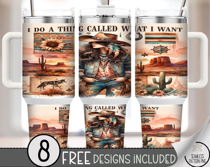 40 oz Country Girl Can Survive Tumbler Wrap PNG, Wild Western Cowgirl in Desert Sublimation Design, Rustic Boho Tile Background, A305