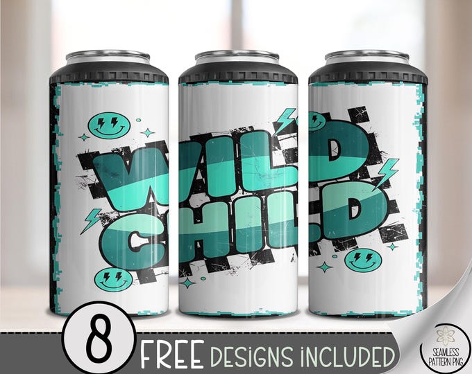 Wild Child 4 in 1 Can Cooler Wrap PNG, Retro 4n1 16oz Sublimation Design, Teal Typography, Edgy Funky, Digital Download, A664