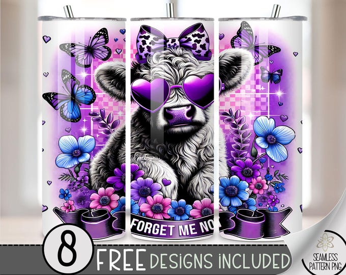 Alzheimer's Disease Awareness Cow Tumbler Wrap, Alzheimer's Disease Warrior 20oz Skinny Tumbler PNG File, Forget Me Not Sublimation Design