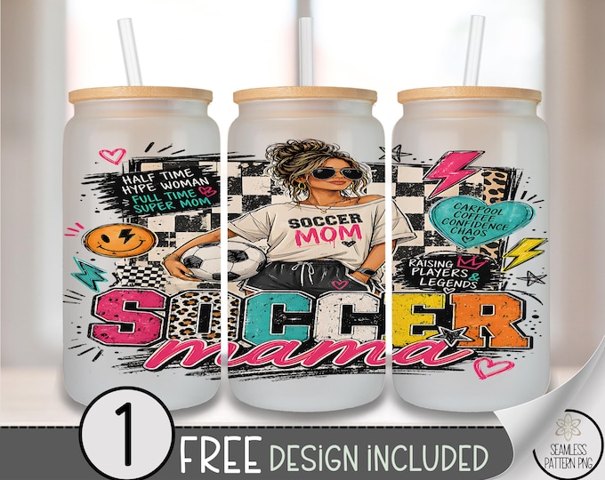 Soccer Mama Glass Can Wrap, Sporty 16oz Tumbler Sublimation Design, Retro PNG File, Digital Download, B10199