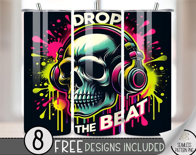 Neon Skeleton Tumbler Wrap, Skull Wearing Headphones 20Oz Skinny Tumbler Wrap, Digital Drop The Beat 20 OZ Tumbler Sublimation Design File