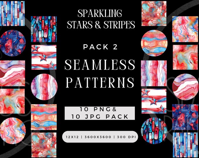 Digital Sparkling Stars & Stripes Seamless Pattern PNG JPG Bundle, Memorial Day, 4th of July Repeating Pack, Commercial Use