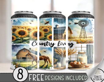 Country Western 4 in 1 Can Cooler Wrap, Western Horse 4in1 Tumbler PNG,Flower 16 Oz Can Cooler Sublimation Design, Country Living Design A92