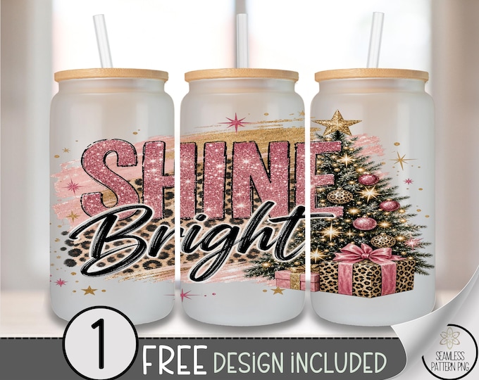 Christmas Tree Shine Bright, Glitter Sparkle Glass Can Wrap PNG, Digital Download, B10500