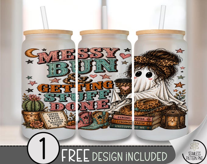 Halloween Messy Bun Ghost Glass Can Wrap, 16oz Tumbler Sublimation Design, Boho Western PNG File, Digital Download, B10395