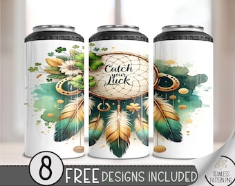 St. Patrick's Dreamcatcher 4 in 1 Can Cooler Wrap, St Pattys 4 in 1 Tumbler PNG,Shamrock 16 Oz Can Cooler Wrap,Clover Sublimation Design A62