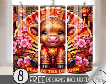 Chinese New Year Tumbler Wrap, Cute Highland Cow 20oz Skinny Tumbler Sublimation Design, Year Of Dragon Tumbler Wrap File, Happy New Year