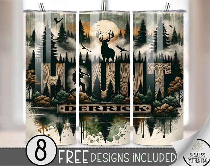 Personalize Deer Hunting Tumbler Wrap, Add Your Name Hunting 20oz Skinny Tumbler Sublimation Design, Buck Tumbler Wrap File, Seamless File