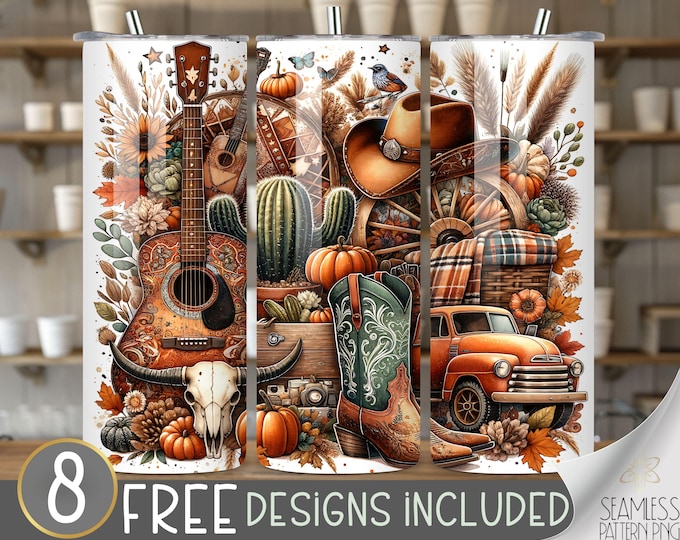 Western Pumpkin Fall Tumbler Wrap Png, Cowboy Tumbler 20oz Skinny Sublimation Tumbler Design, Rustic Vintage Truck Sublimation Design