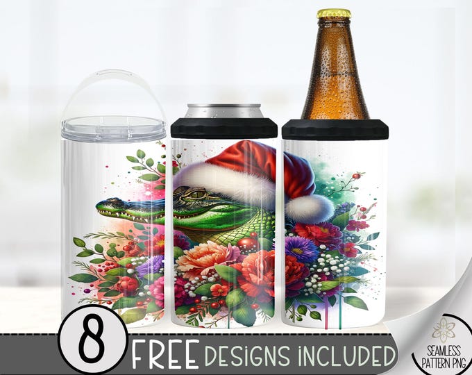 Christmas Alligator 4in1 Can Cooler Design, FL Gator Sublimation Design, Floral 4 In 1 Can Cooler, Santa Hat 16 oz Can Holder Design Wrap