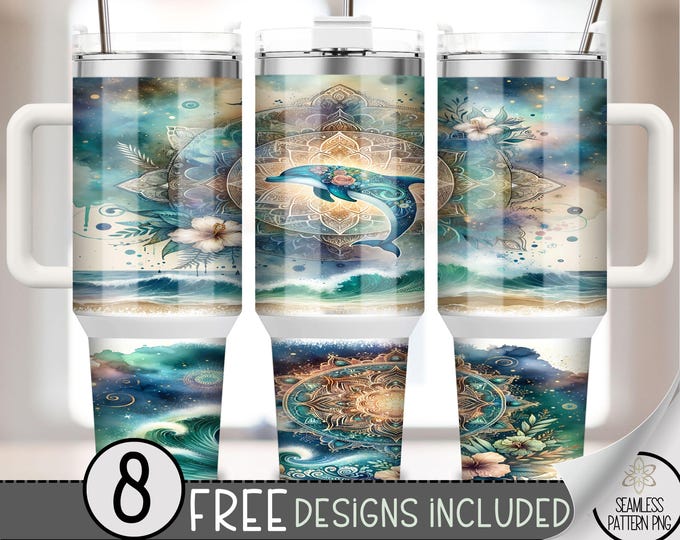 40oz Dolphin Tumbler Wrap, Coast Ocean 40 Ounce Sublimation Template, 40 oz Tropical Summer Beach Floral 40oz Quencher Tumbler PNG, A137