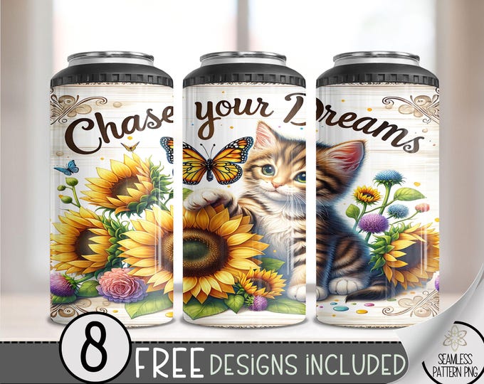Kitten Positive Affirmation 4 in 1 Can Cooler Wrap, Kitty Inspirational 4in1 Tumbler PNG, Cat 16 Oz Can Cooler Sublimation Design, Sunflower