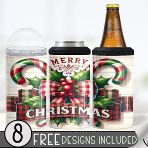 Seamless Christmas 4in1 Can Cooler Wrap, Merry Christmas 16 Oz Can Cooler Sublimation Design Candy Cane 16 oz Holiday 4 in 1 Tumbler Wrap