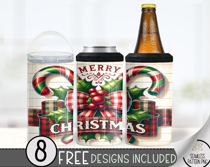 Seamless Christmas 4in1 Can Cooler Wrap, Merry Christmas 16 Oz Can Cooler Sublimation Design Candy Cane 16 oz Holiday 4 in 1 Tumbler Wrap