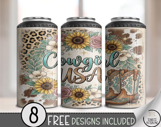 Cowgirl PNG, 4-in-1 Can Cooler Wrap, Sunflower Country Sublimation Design, Western Theme, Digital Download, B10109
