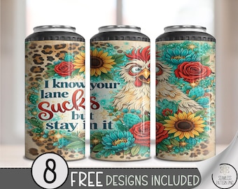 Funny Rooster 4in1 Can Cooler Wrap, Sarcastic Chicken Sublimation Design, Sassy Country 16 oz 4-in-1 File, Floral Folk Style, B10146