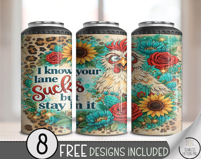 Funny Rooster 4in1 Can Cooler Wrap, Sarcastic Chicken Sublimation Design, Sassy Country 16 oz 4-in-1 File, Floral Folk Style, B10146