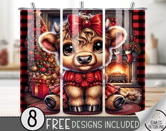 Cute Highland Cow Tumbler Wrap, Xmas 20oz Tumbler Sublimation Design, Christmas Rustic Country Tumbler, Red Buffalo Check Tumbler Wrap