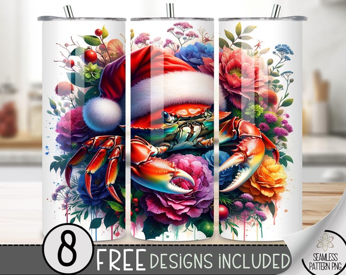 Cute Xmas Crab Tumbler Wrap, Crustacean 20oz Skinny Tumbler Design, Christmas 20 oz Tumbler Wrap, Floral Christmas Tumbler Design,Sea Animal