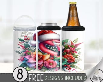 Christmas Flamingo 4in1 Can Cooler Design, Pink Bird Sublimation Design, Floral 4 In 1 Can Cooler, Santa Hat 16 oz Can Holder Design Wrap