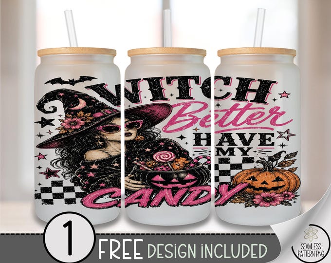 Witch Candy Glass Can Wrap, Funny 16oz Glass Tumbler Sublimation Design, Holiday PNG File, Digital Download, B10370