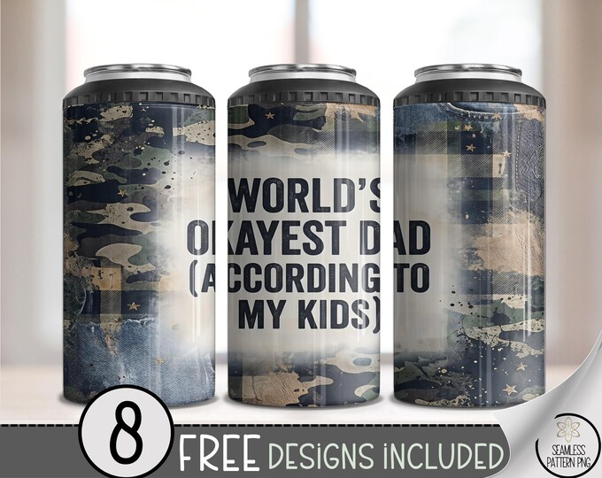 Father's Day 4-in-1 Can Cooler Wrap, World's Okayest Dad Sublimation Design, Rustic 16 oz 4-in-1 File, B10269