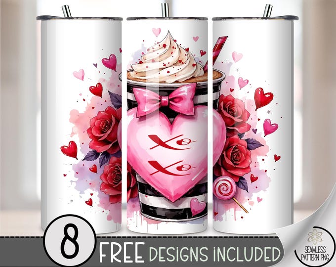 Valentines Tumbler Wrap PNG, Glitter Heart 20oz Skinny Seamless Tumbler Wrap PNG, Love Sublimation Tumbler Template, V Day XOXO File B734