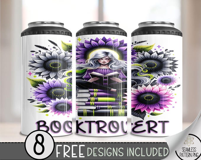Floral Booktrovert1 4 in 1 Can Cooler Wrap, Flower Romantasy 4in1 Tumbler PNG, Book Lover 16 Oz Can Cooler Sublimation Design, Book Love A20