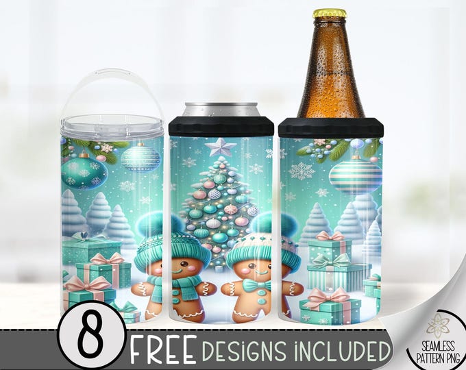 Christmas Gingerbread 4in1 Can Cooler Wrap, Teal Xmas 4 in 1 Tumbler PNG, Cute Gingerbread Man 16 Oz Can Cooler Sublimation Design, Winter